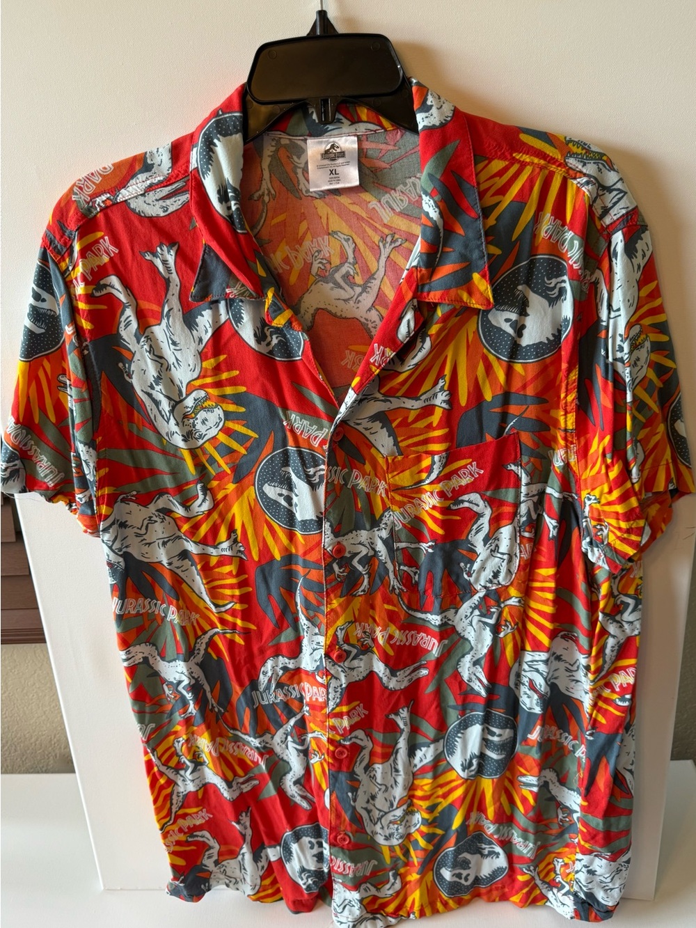 Bold Red Jurassic Park Graphic Short-Sleeve Button-Down Shirt